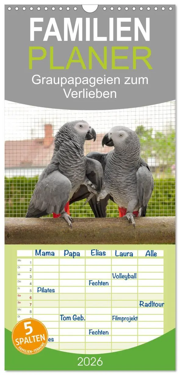 Cover: 9783516514063 | Familienplaner 2026 - Graupapageien zum Verlieben mit 5 Spalten...
