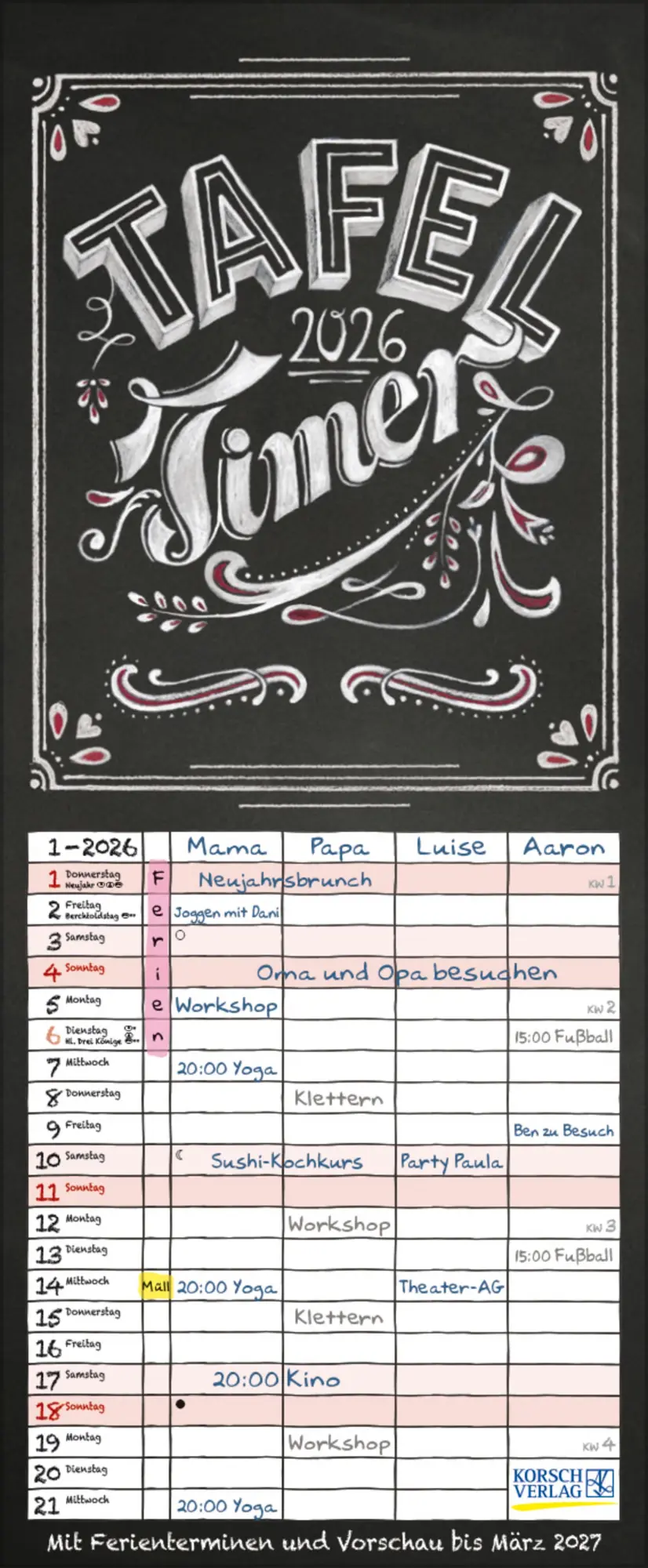 Cover: 9783731884163 | Tafel Timer 2026 | Verlag Korsch | Kalender | 14 S. | Deutsch | 2027