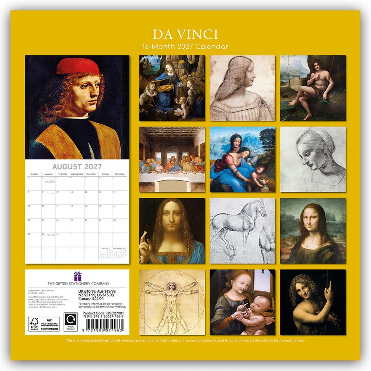 Rückseite: 9781805974963 | Leonardo da Vinci 2027 - 16-Monatskalender | Gifted Stationery Co. Ltd