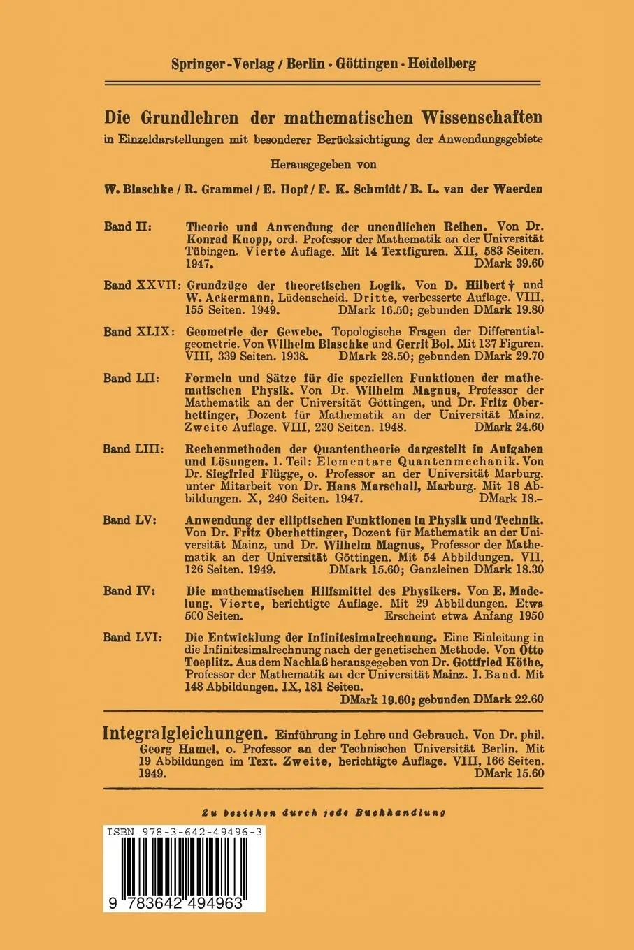 Rückseite: 9783642494963 | Die Entwicklung der Infinitesimalrechnung | Otto Toeplitz | Buch