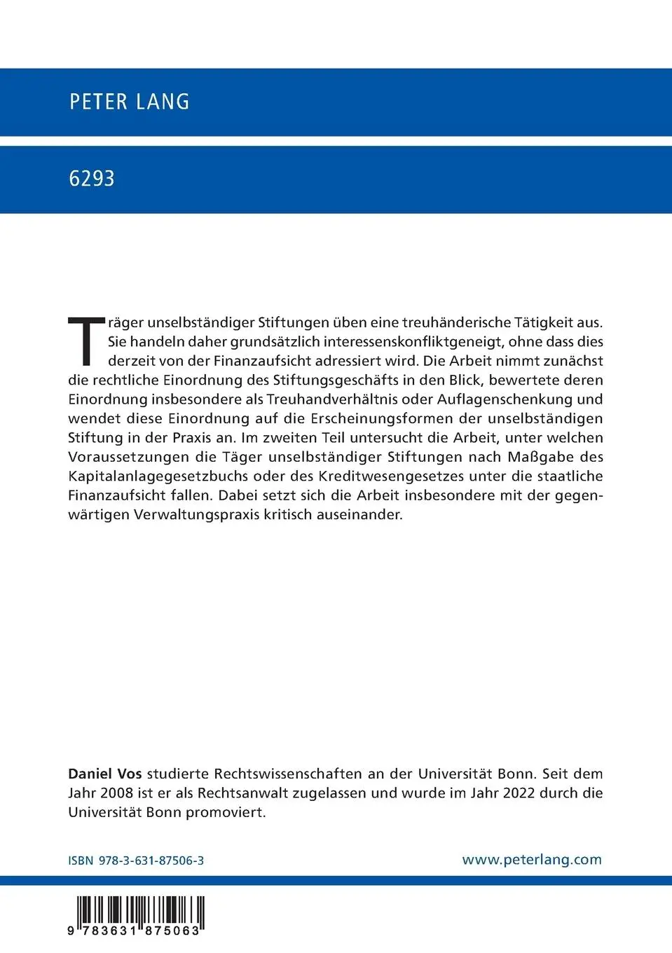 Rückseite: 9783631875063 | Die staatliche Finanzaufsicht über Träger unselbständiger Stiftungen