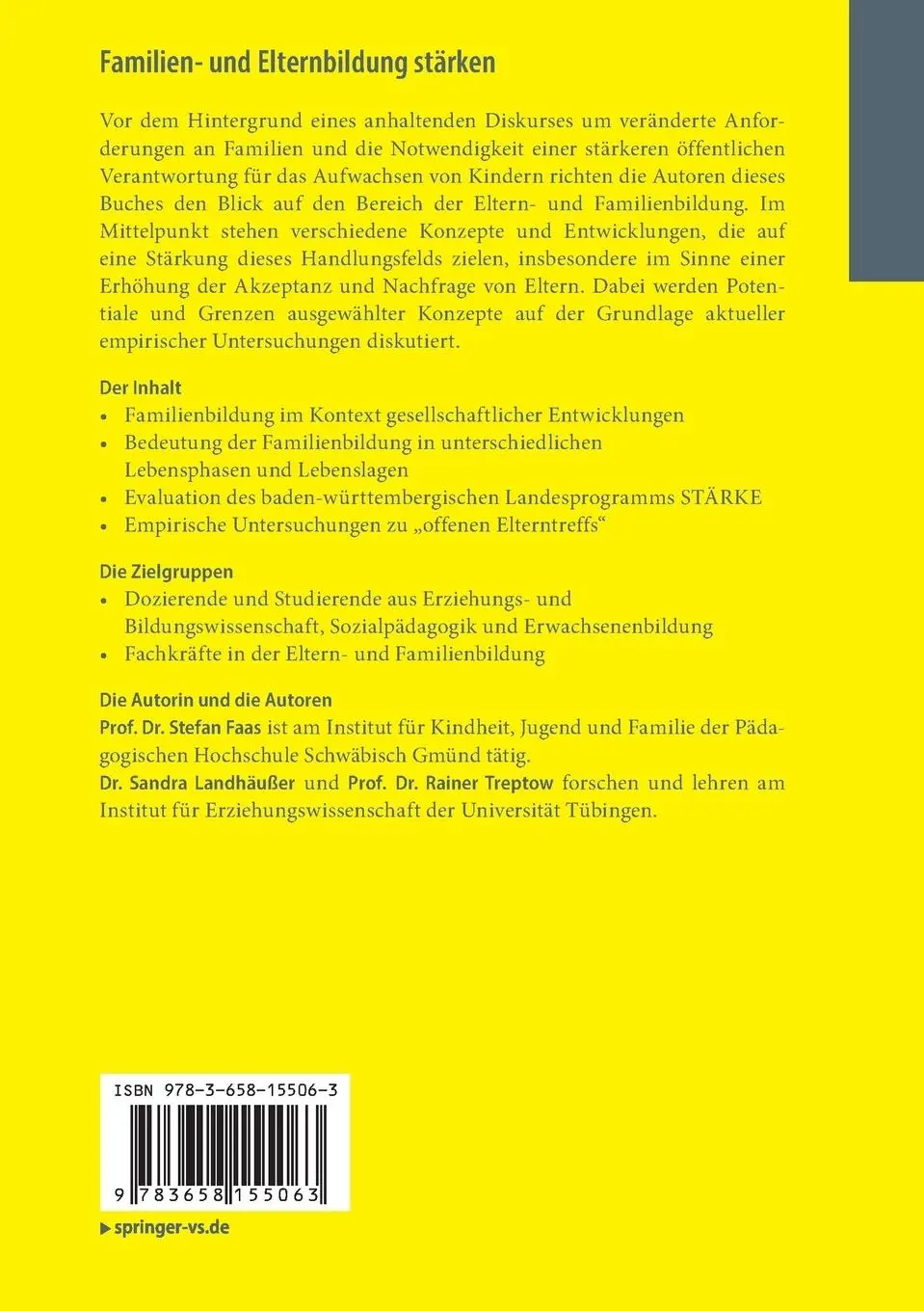 Rückseite: 9783658155063 | Familien- und Elternbildung stärken | Stefan Faas (u. a.) | Buch | XIV