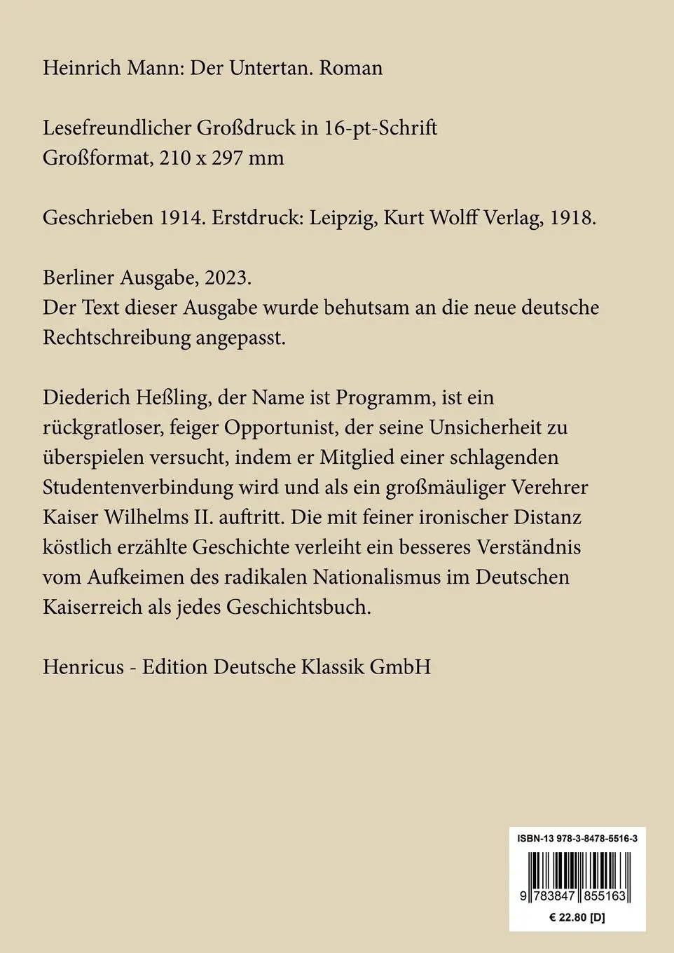 Rückseite: 9783847855163 | Der Untertan (Großdruck) | Roman | Heinrich Mann | Taschenbuch | 2023