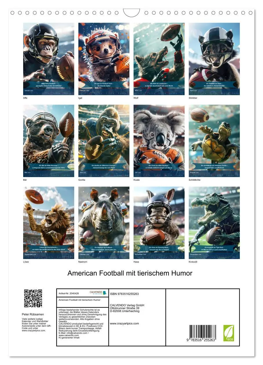 Bild: 9783516255263 | American Football mit tierischem Humor (Wandkalender 2026 DIN A3...