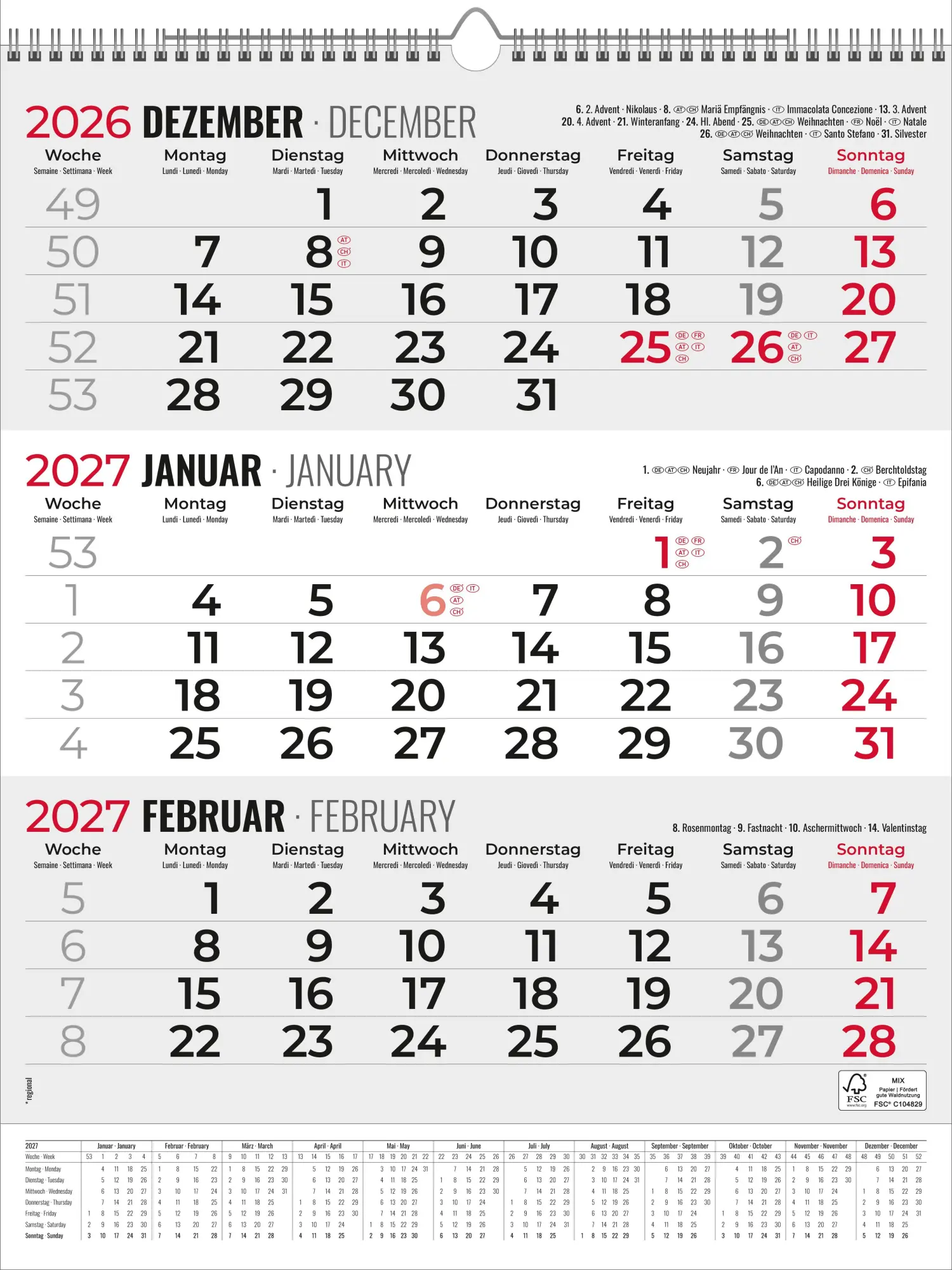 Cover: 4069095015463 | 3-Monatsplaner Triplan Comfort grau 2027 | KG | Kalender | 14 S.