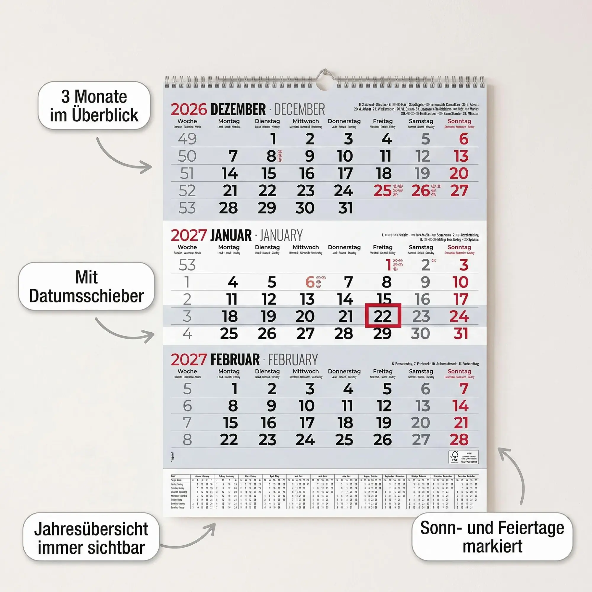 Bild: 4069095015463 | 3-Monatsplaner Triplan Comfort grau 2027 | KG | Kalender | 14 S.