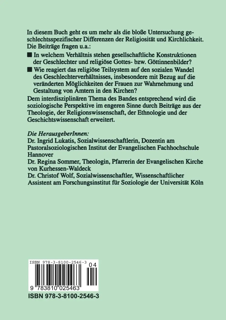 Rückseite: 9783810025463 | Religion und Geschlechterverhältnis | Ingrid Lukatis (u. a.) | Buch