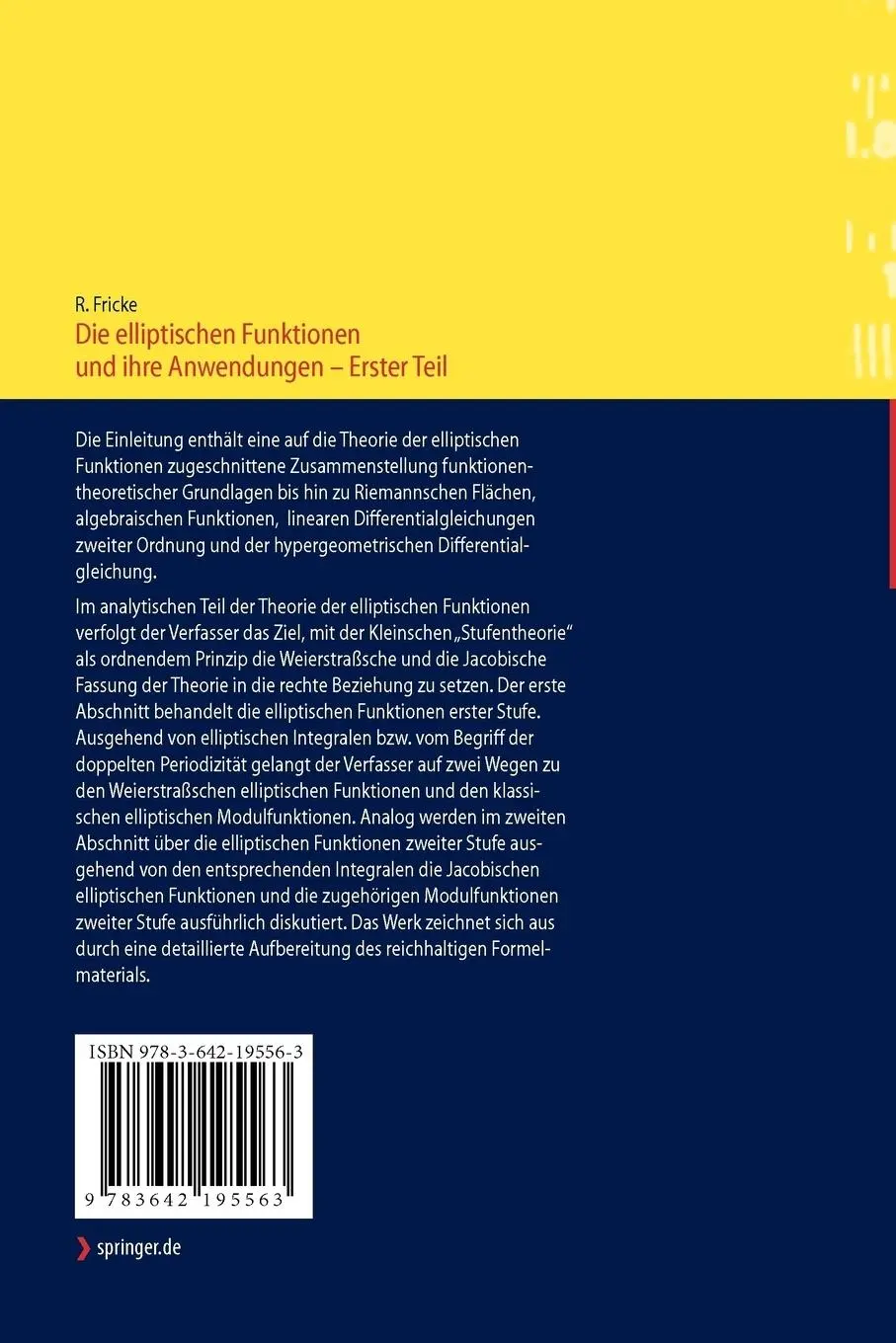 Rückseite: 9783642195563 | Die elliptischen Funktionen und ihre Anwendungen | Robert Fricke