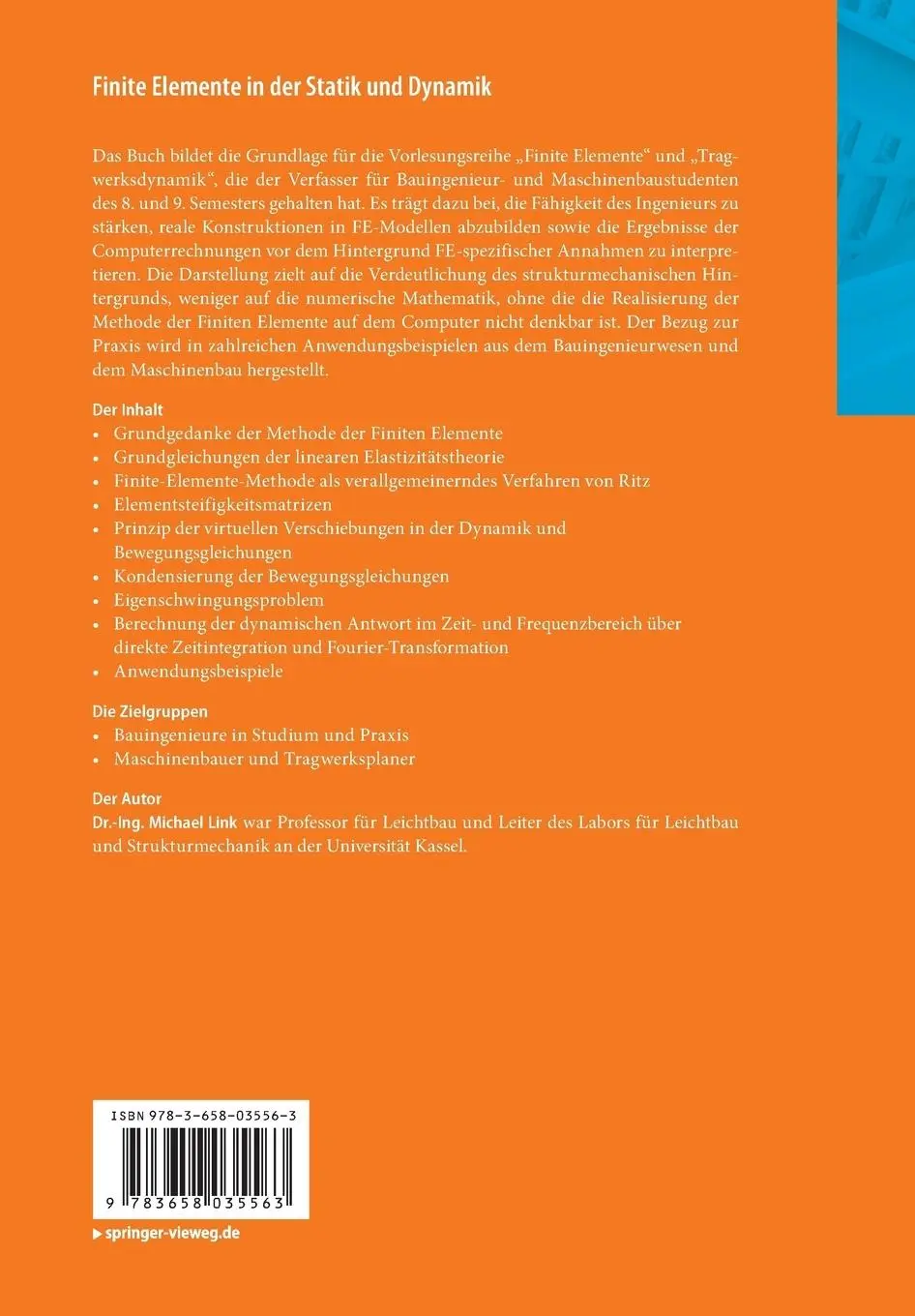Rückseite: 9783658035563 | Finite Elemente in der Statik und Dynamik | Michael Link | Taschenbuch