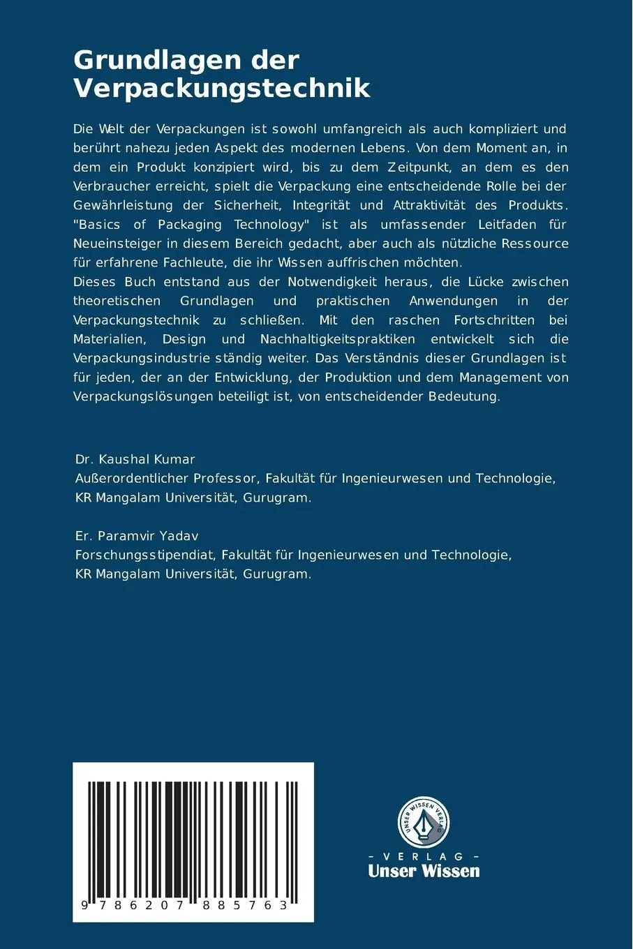 Rückseite: 9786207885763 | Grundlagen der Verpackungstechnik | Kaushal Kumar (u. a.) | Buch