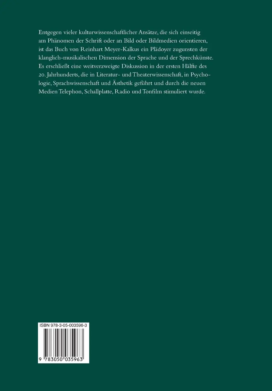 Rückseite: 9783050035963 | Stimme und Sprechkünste im 20. Jahrhundert | Reinhart Meyer-Kalkus