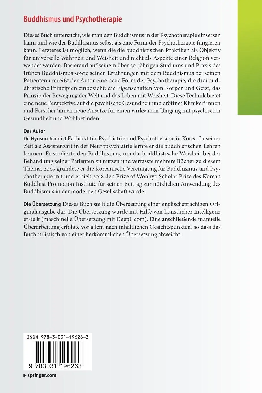 Rückseite: 9783031196263 | Buddhismus und Psychotherapie | Hyunsoo Jeon | Taschenbuch | Paperback