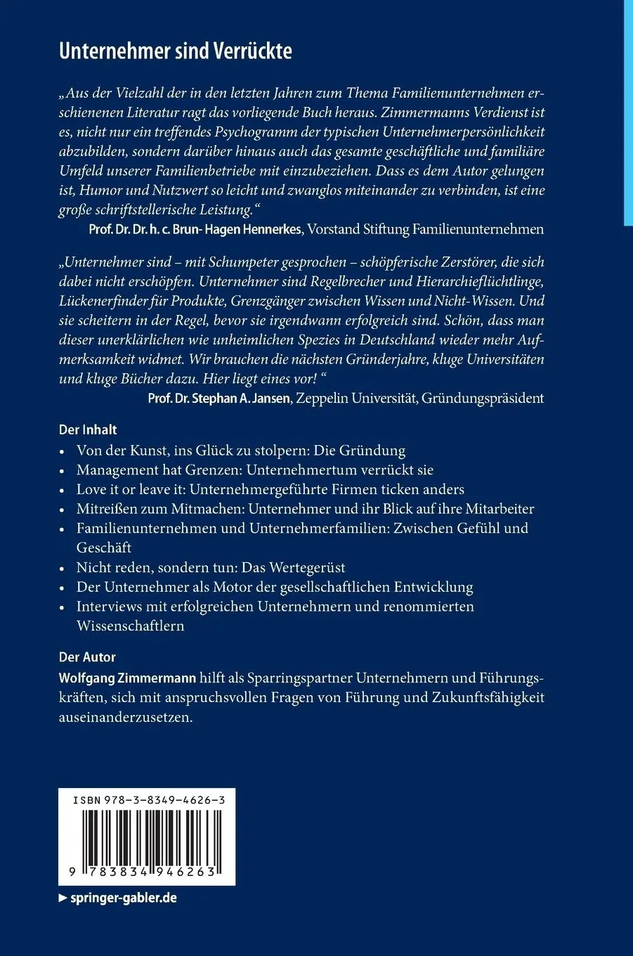 Rückseite: 9783834946263 | Unternehmer sind Verrückte | Wolfgang Zimmermann | Buch | xvi | 2013
