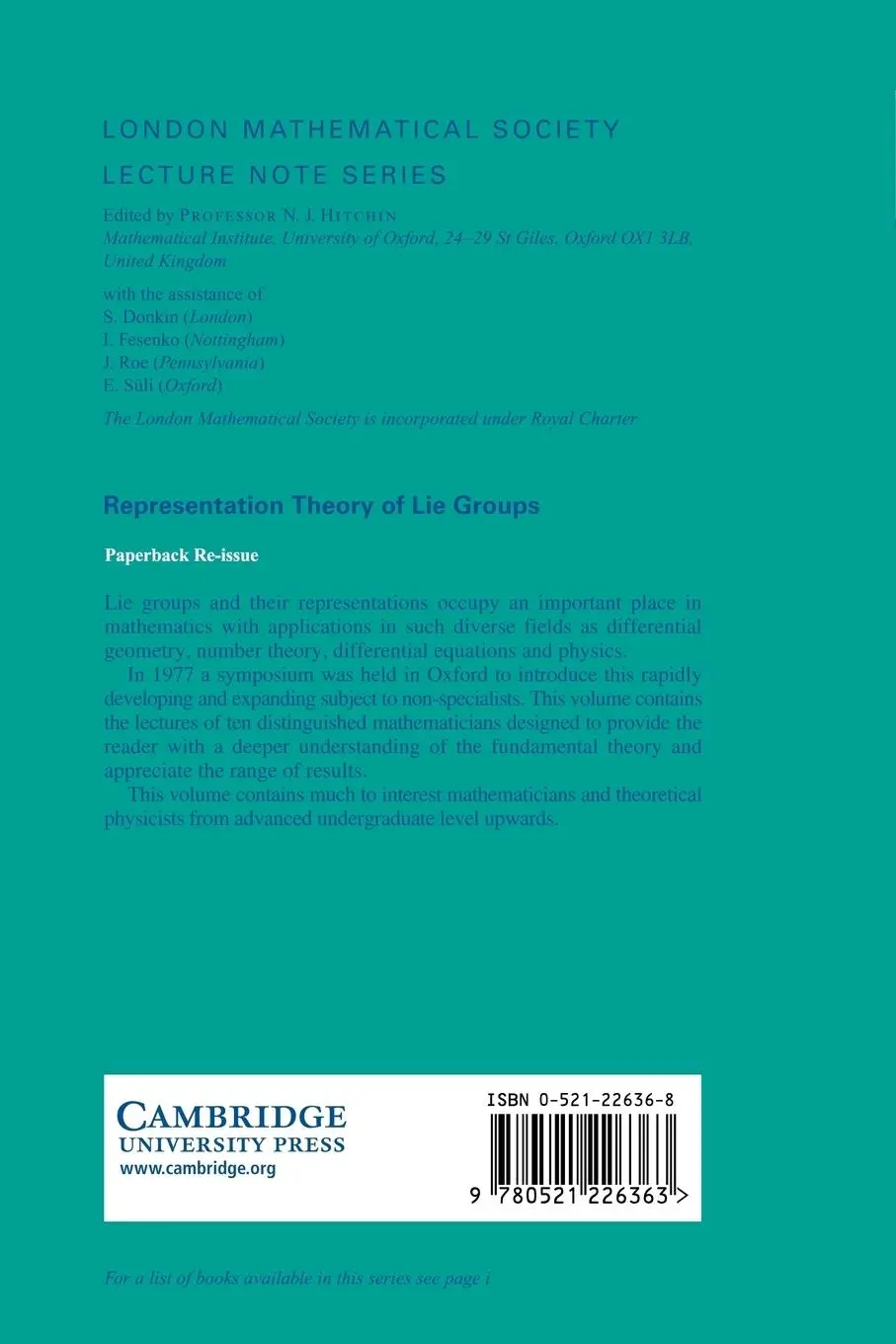 Rückseite: 9780521226363 | Representation Theory of Lie Groups | M. F. Atiyah (u. a.) | Buch