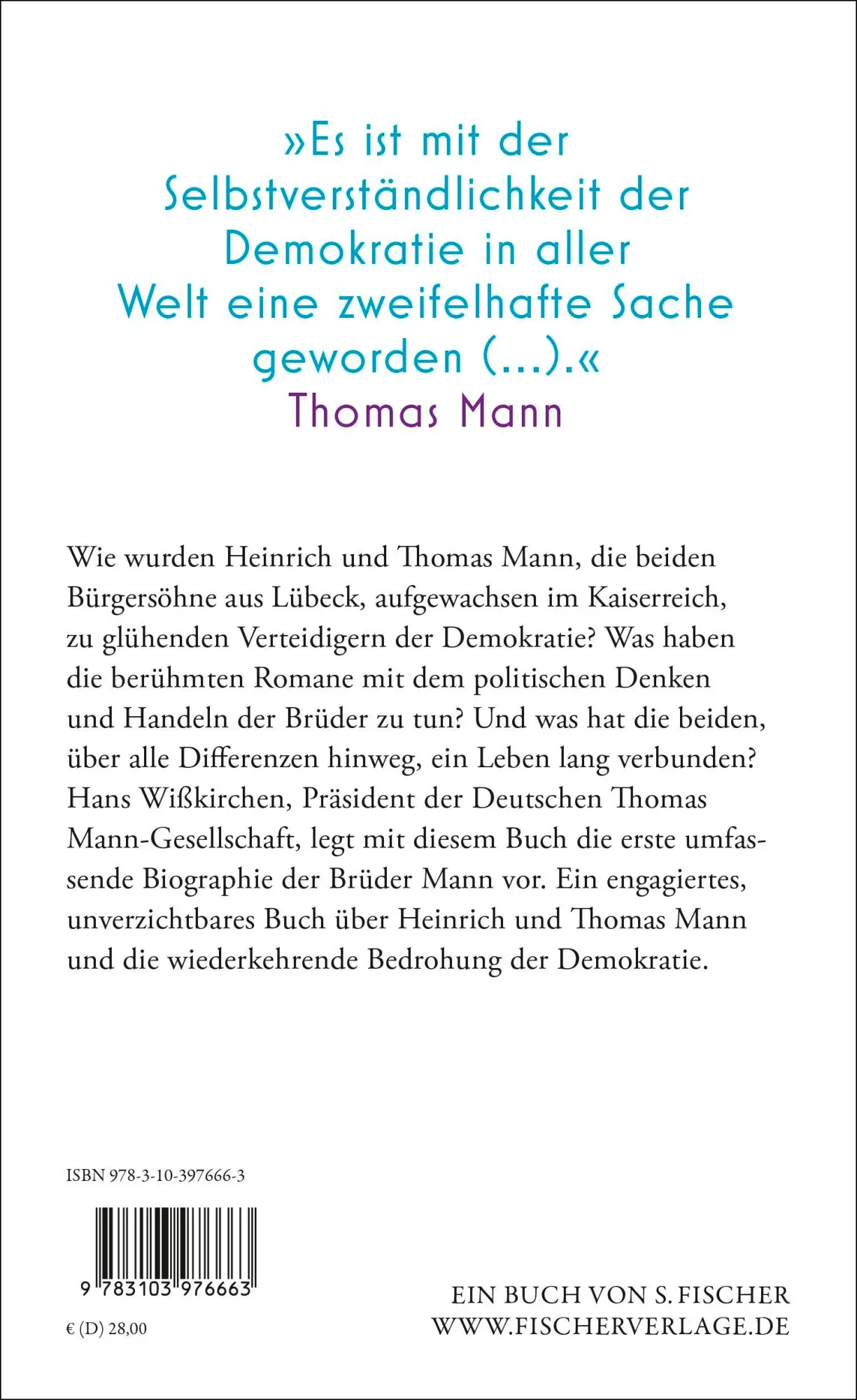 Rückseite: 9783103976663 | Zeit der Magier | Heinrich und Thomas Mann 1871-1955 | Hans Wißkirchen