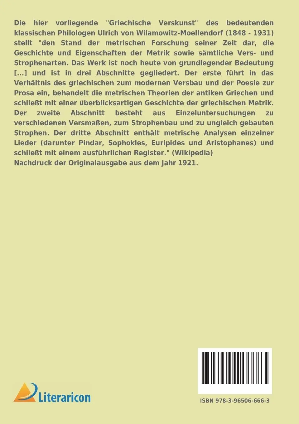 Rückseite: 9783965066663 | Griechische Verskunst | Ulrich Von Wilamowitz-Moellendorff | Buch