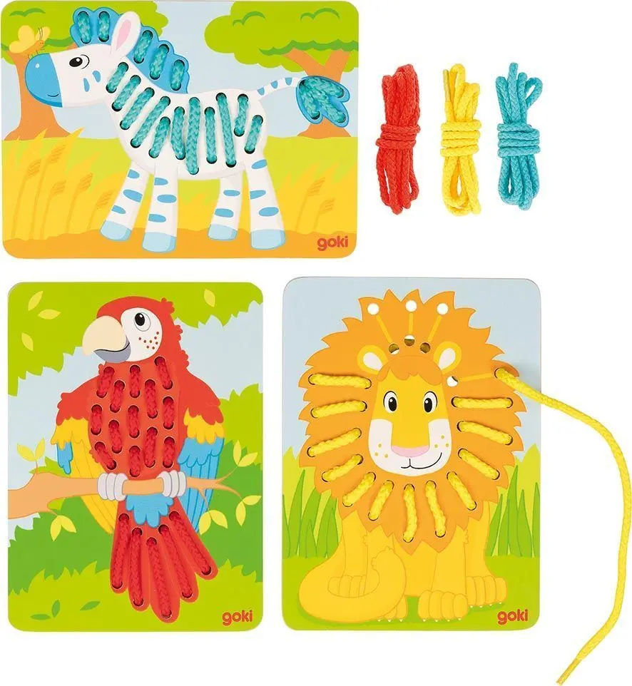 Cover: 4013594586863 | Fädelspiel Papagei, Löwe, Zebra | goki | Spiel | In Faltschachtel