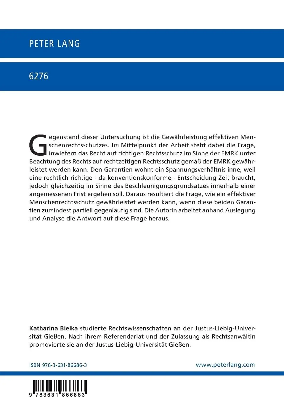 Rückseite: 9783631866863 | Das Prinzip effektiven Rechtsschutzes nach der EMRK | Katharina Bielka