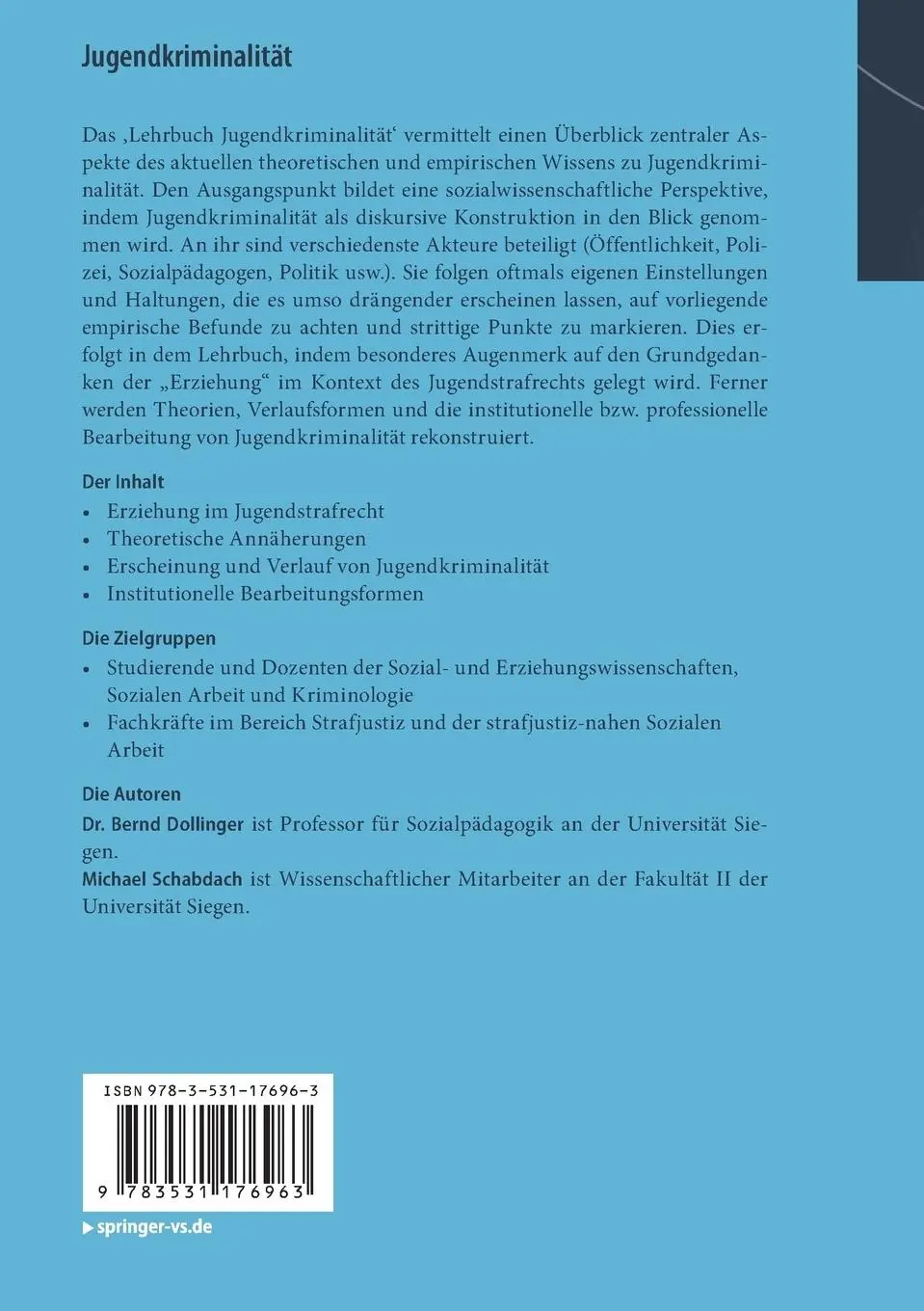 Rückseite: 9783531176963 | Jugendkriminalität | Michael Schabdach (u. a.) | Taschenbuch | viii