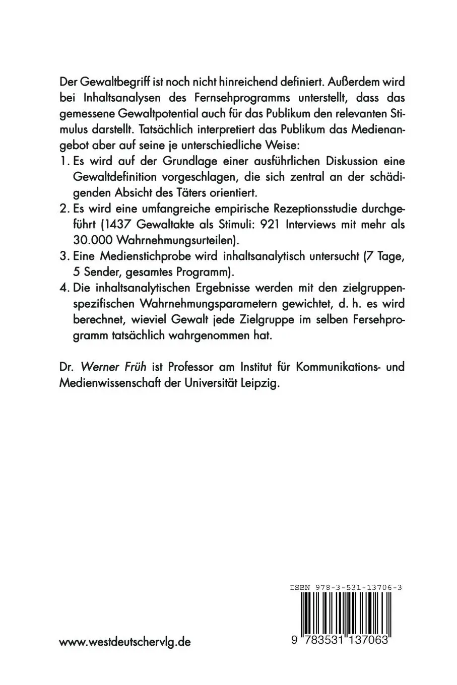 Rückseite: 9783531137063 | Gewaltpotentiale des Fernsehangebots | Werner Früh | Taschenbuch