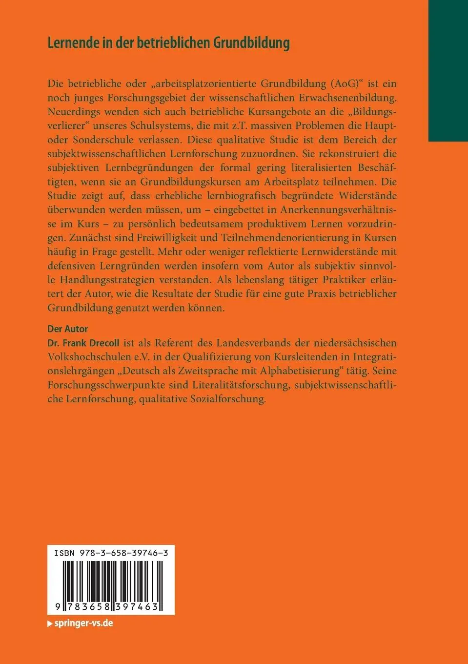 Rückseite: 9783658397463 | Lernende in der betrieblichen Grundbildung | Frank Drecoll | Buch | xv