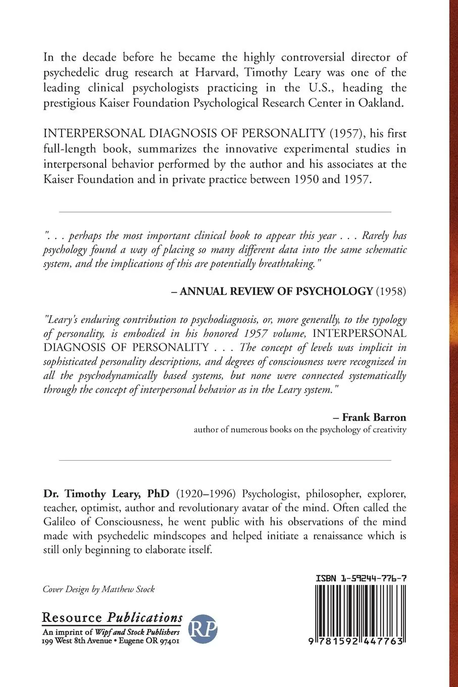 Rückseite: 9781592447763 | Interpersonal Diagnosis of Personality | Timothy Leary | Taschenbuch