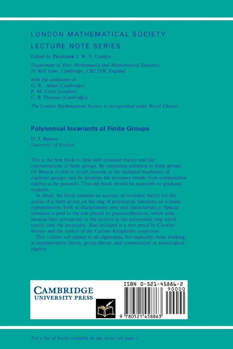 Rückseite: 9780521458863 | Polynomial Invariant of Finite Groups | D. J. Benson | Taschenbuch
