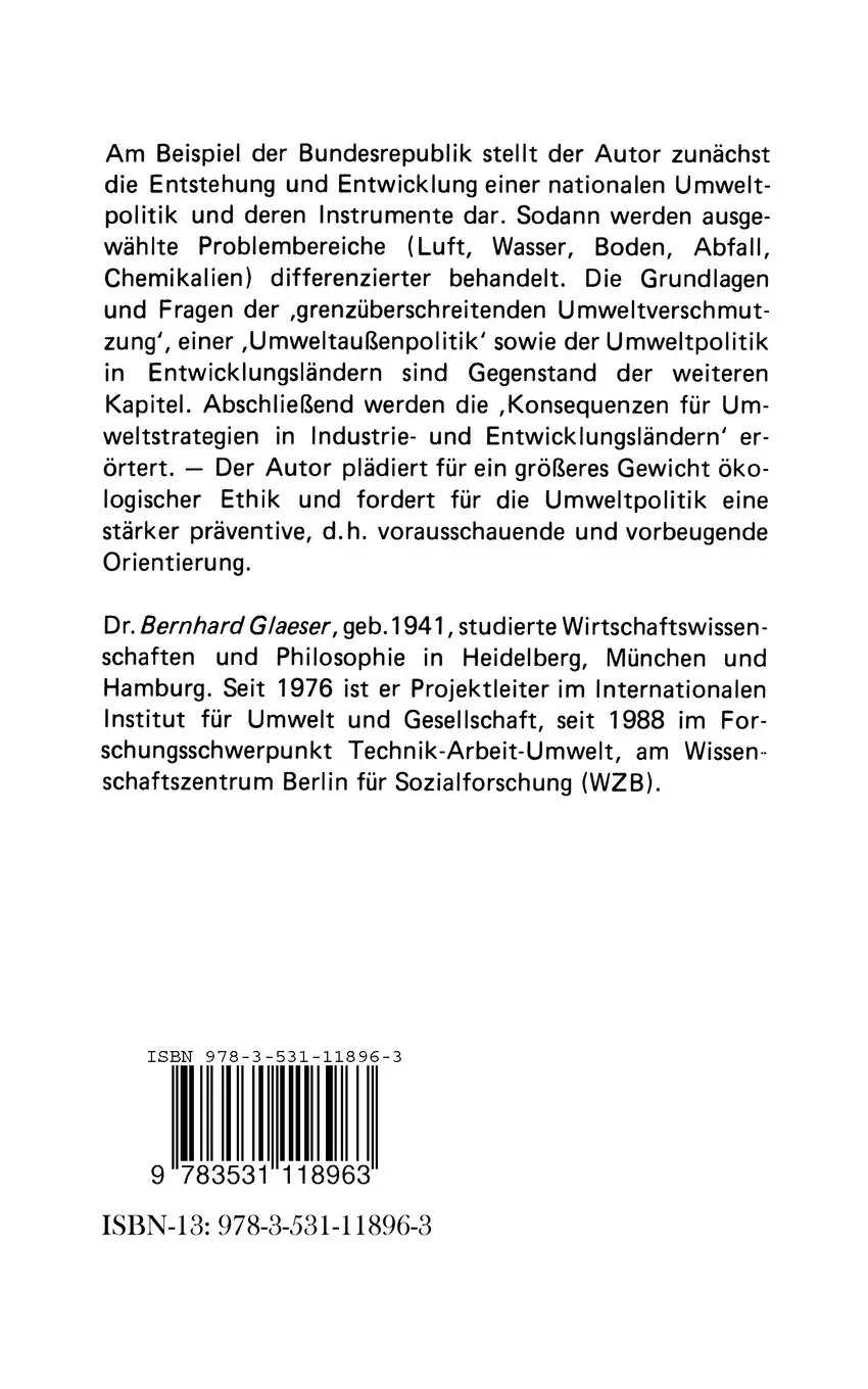 Rückseite: 9783531118963 | Umweltpolitik zwischen Reparatur und Vorbeugung | Bernhard Glaeser