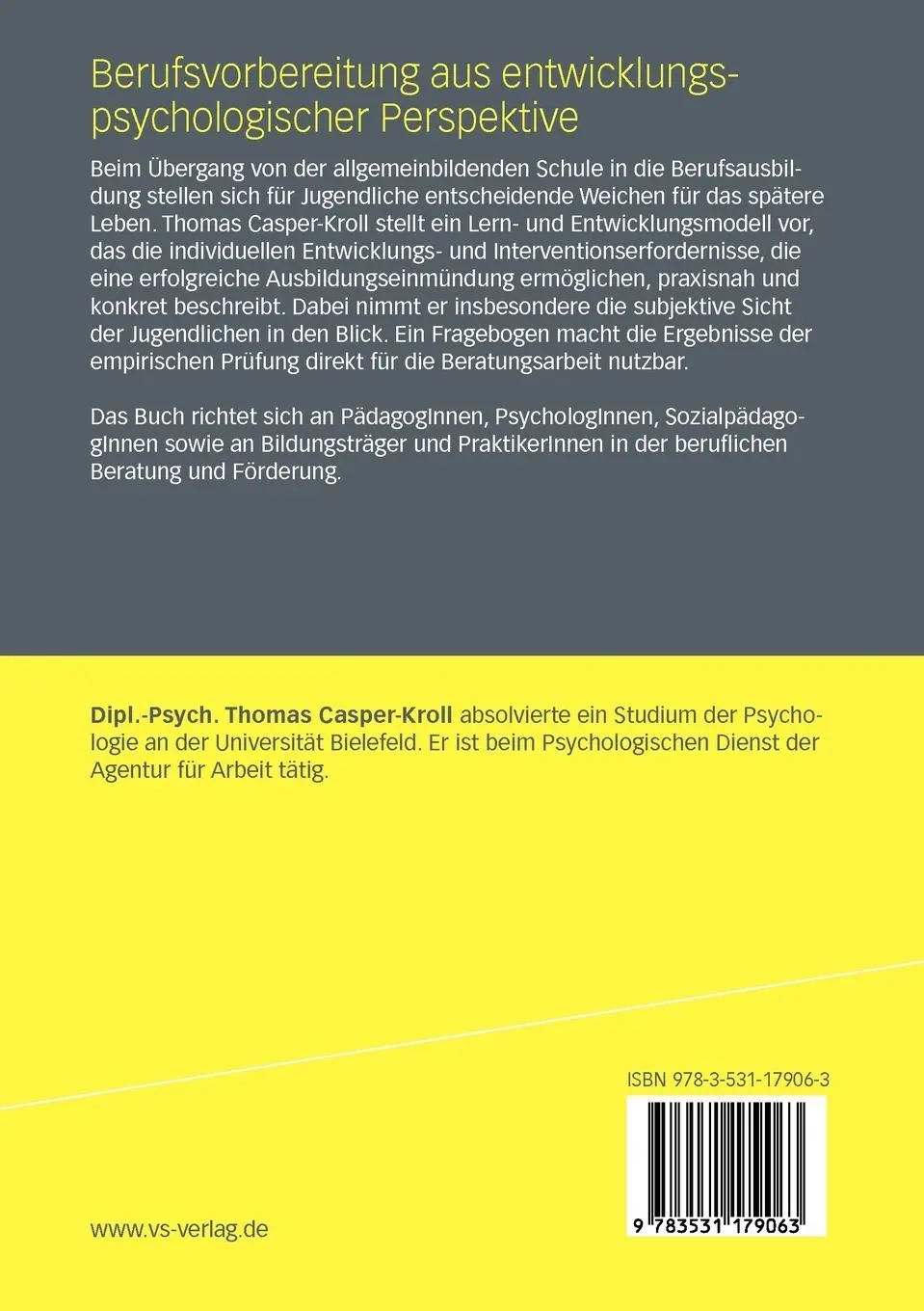Rückseite: 9783531179063 | Berufsvorbereitung aus entwicklungspsychologischer Perspektive | Buch
