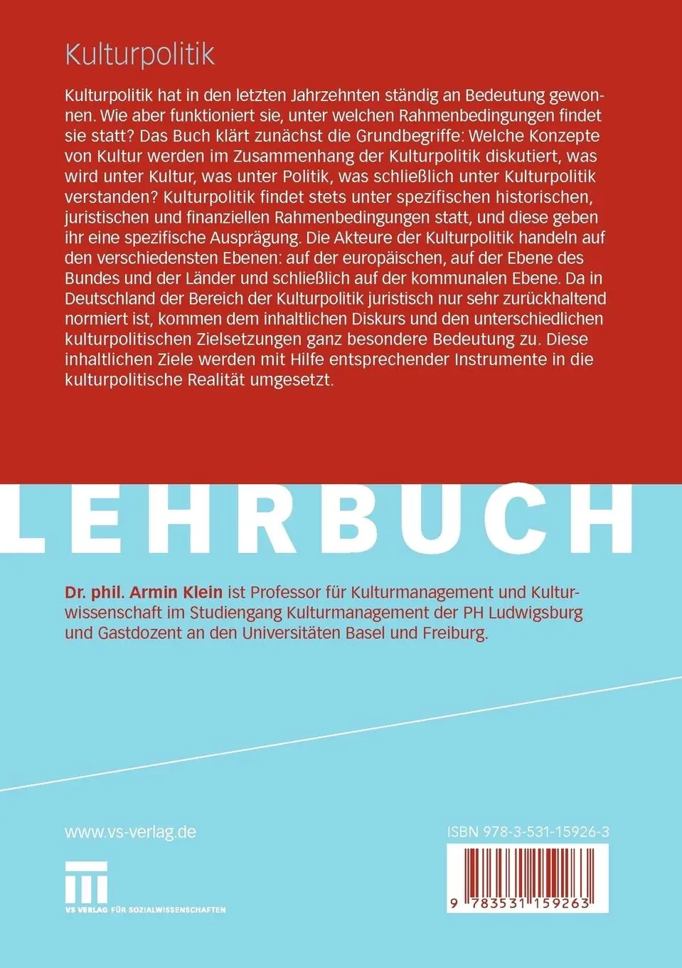 Rückseite: 9783531159263 | Kulturpolitik | Eine Einführung | Armin Klein | Taschenbuch | 261 S.