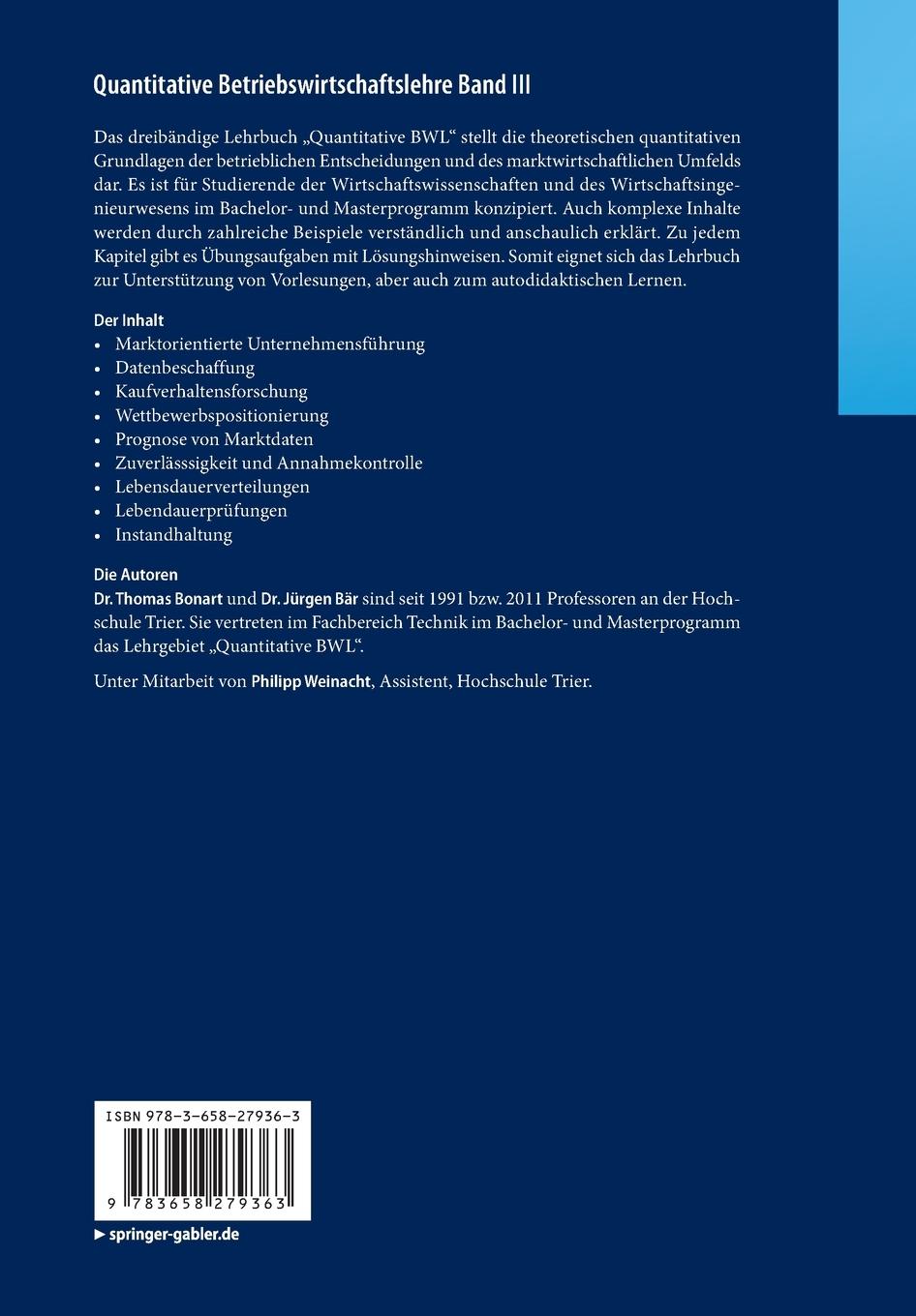 Rückseite: 9783658279363 | Quantitative Betriebswirtschaftslehre Band III | Jürgen Bär (u. a.)