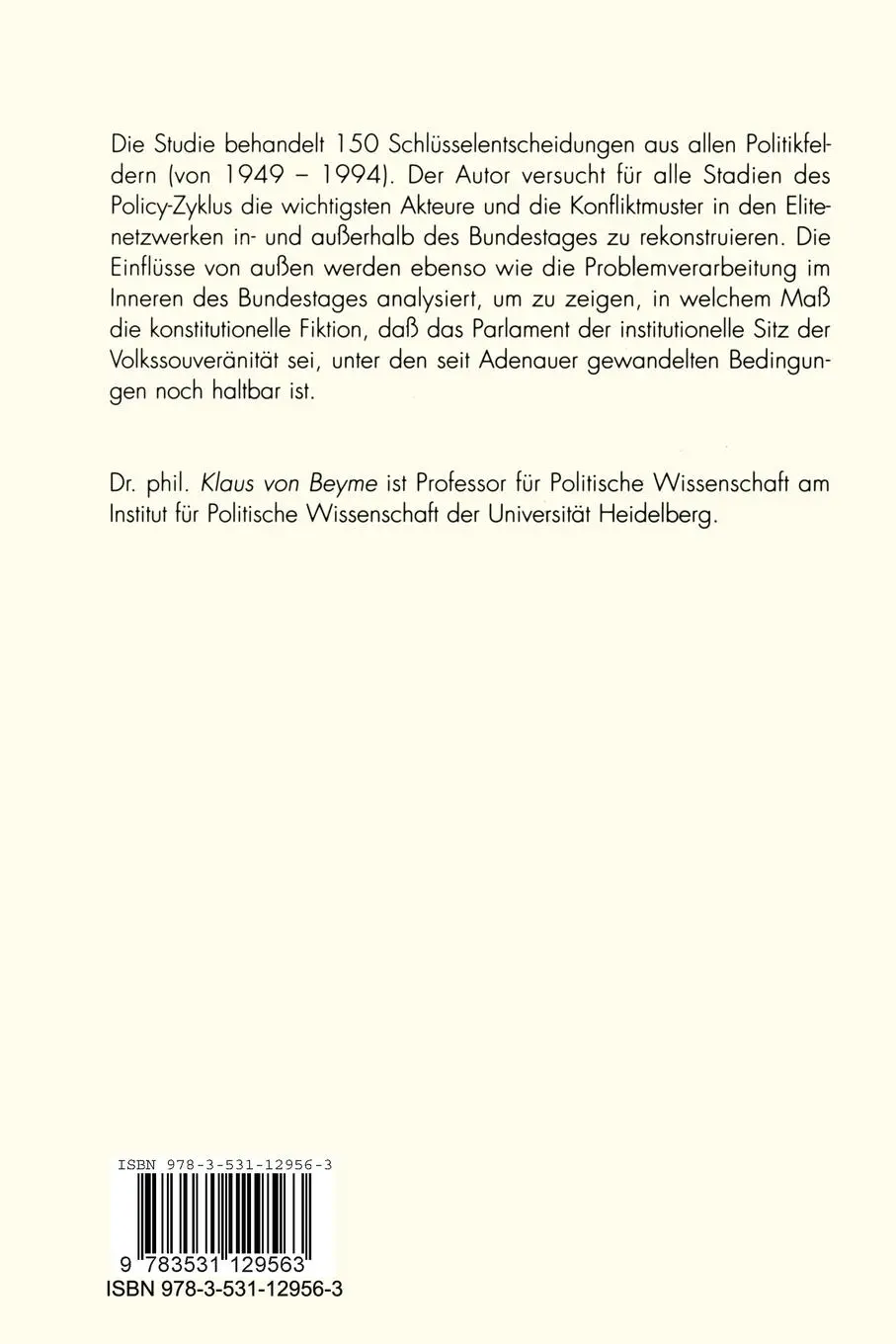 Rückseite: 9783531129563 | Der Gesetzgeber | Der Bundestag als Entscheidungszentrum | Beyme