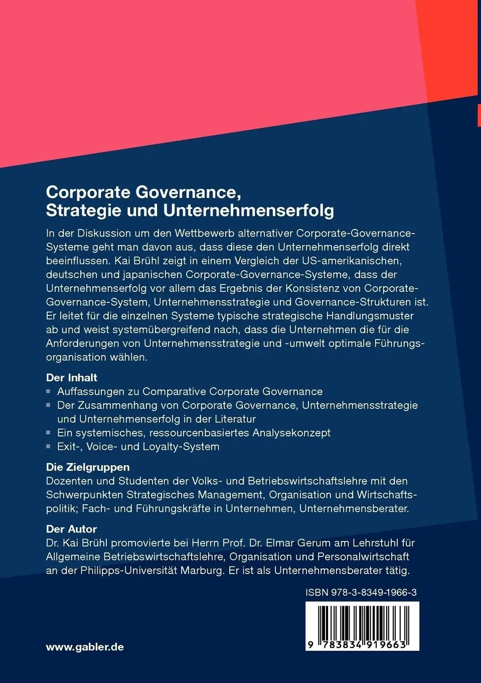 Rückseite: 9783834919663 | Corporate Governance, Strategie und Unternehmenserfolg | Kai Brühl