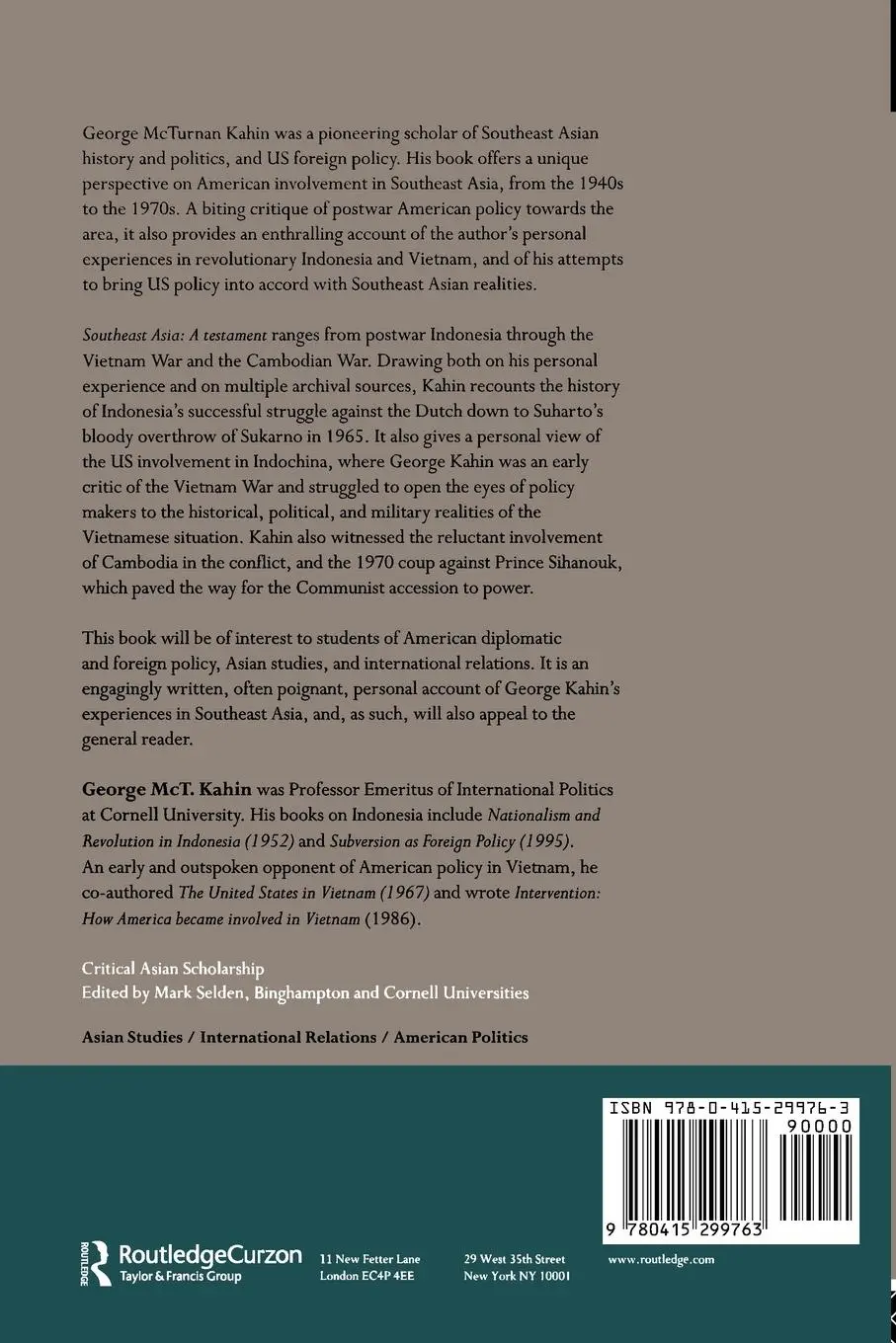 Rückseite: 9780415299763 | Southeast Asia | A Testament | George McT. Kahin | Taschenbuch | 2002