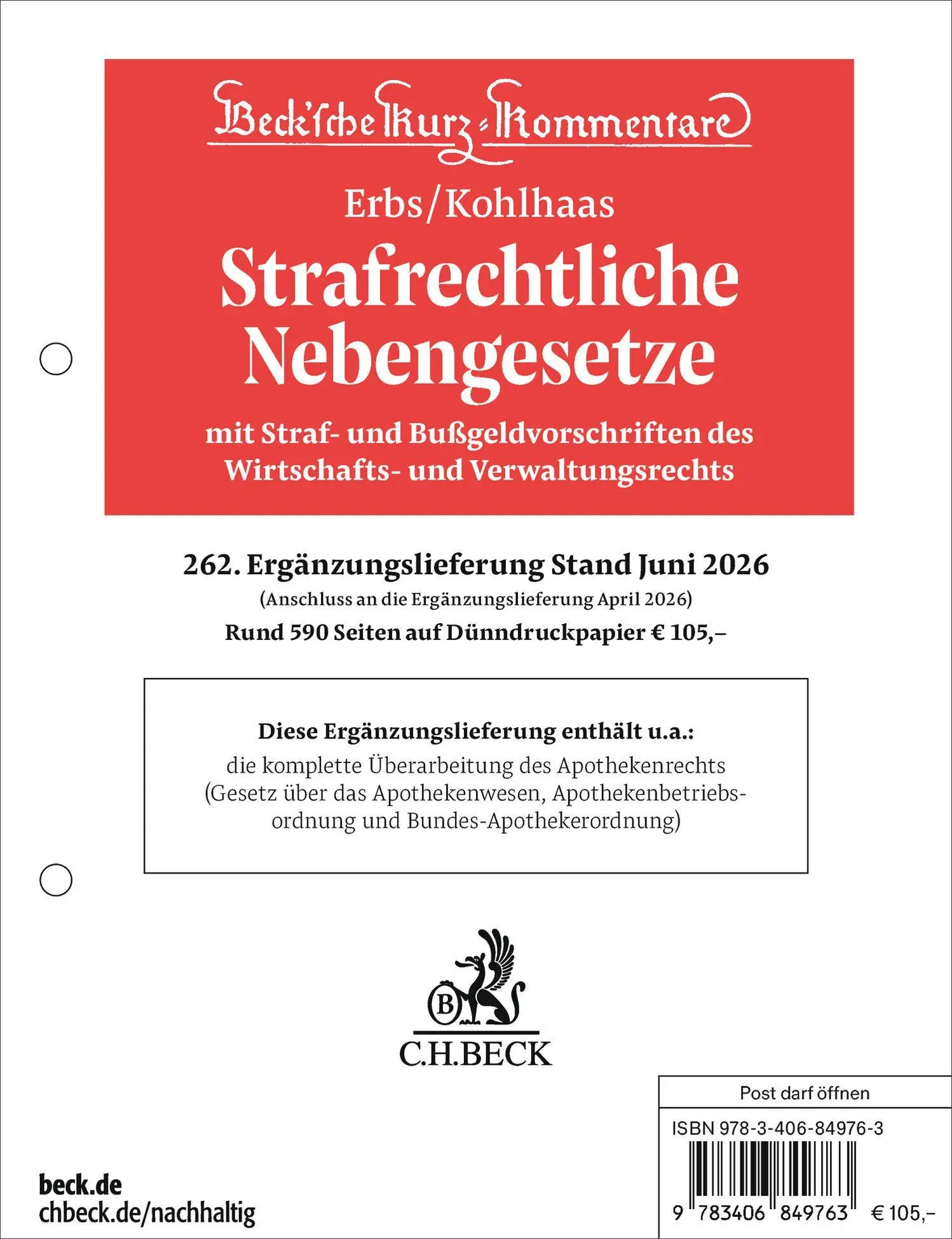 Strafrechtliche Nebengesetze 262. Ergänzungslieferung