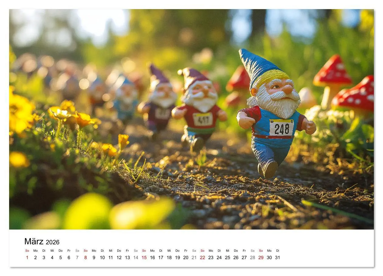 Bild: 9783457339763 | Sportliche Gartenzwerge (Wandkalender 2026 DIN A3 quer), CALVENDO...