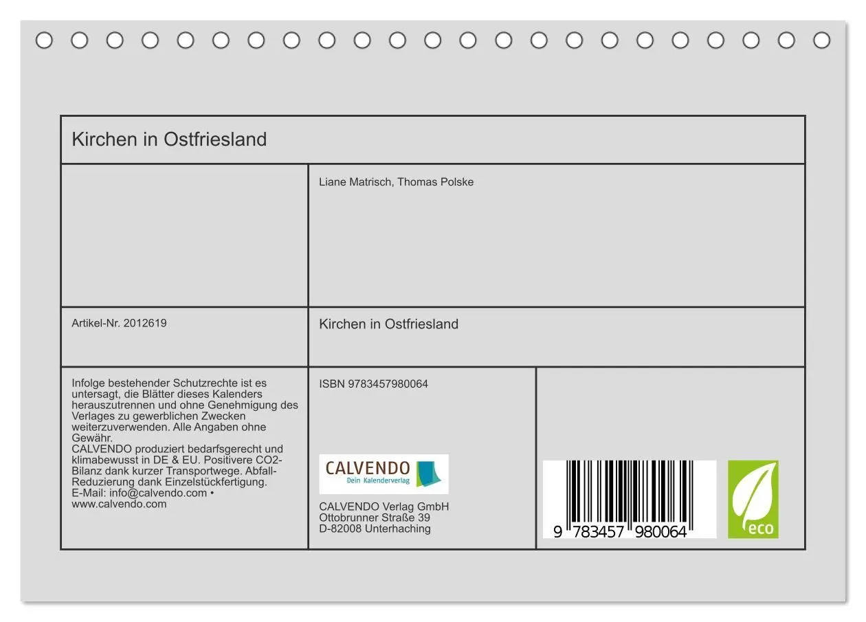 Bild: 9783457980064 | Kirchen in Ostfriesland (Tischkalender 2026 DIN A5 quer), CALVENDO...