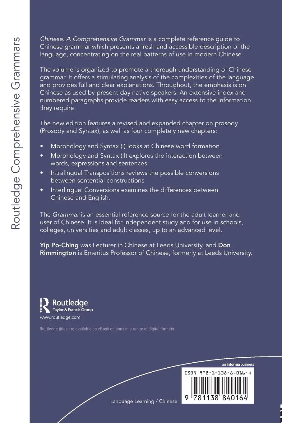 Rückseite: 9781138840164 | Chinese | A Comprehensive Grammar | Yip Po-Ching (u. a.) | Taschenbuch