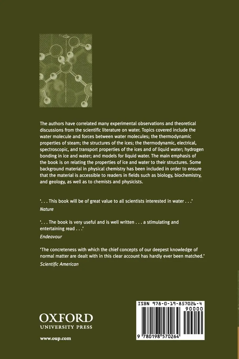 Rückseite: 9780198570264 | The Structure and Properties of Water | David Eisenberg (u. a.) | Buch