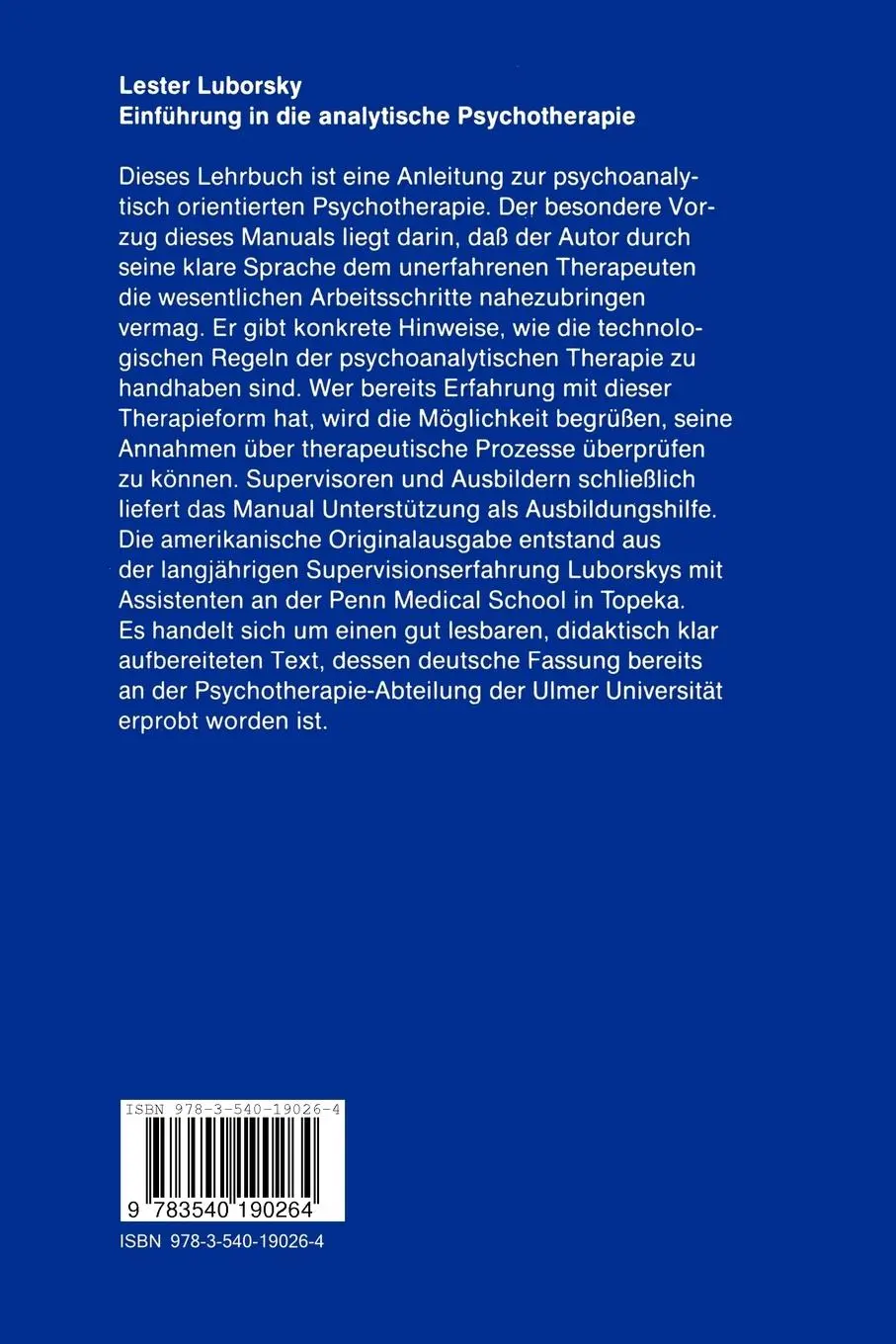 Rückseite: 9783540190264 | Einführung in die analytische Psychotherapie | Ein Lehrbuch | Luborsky