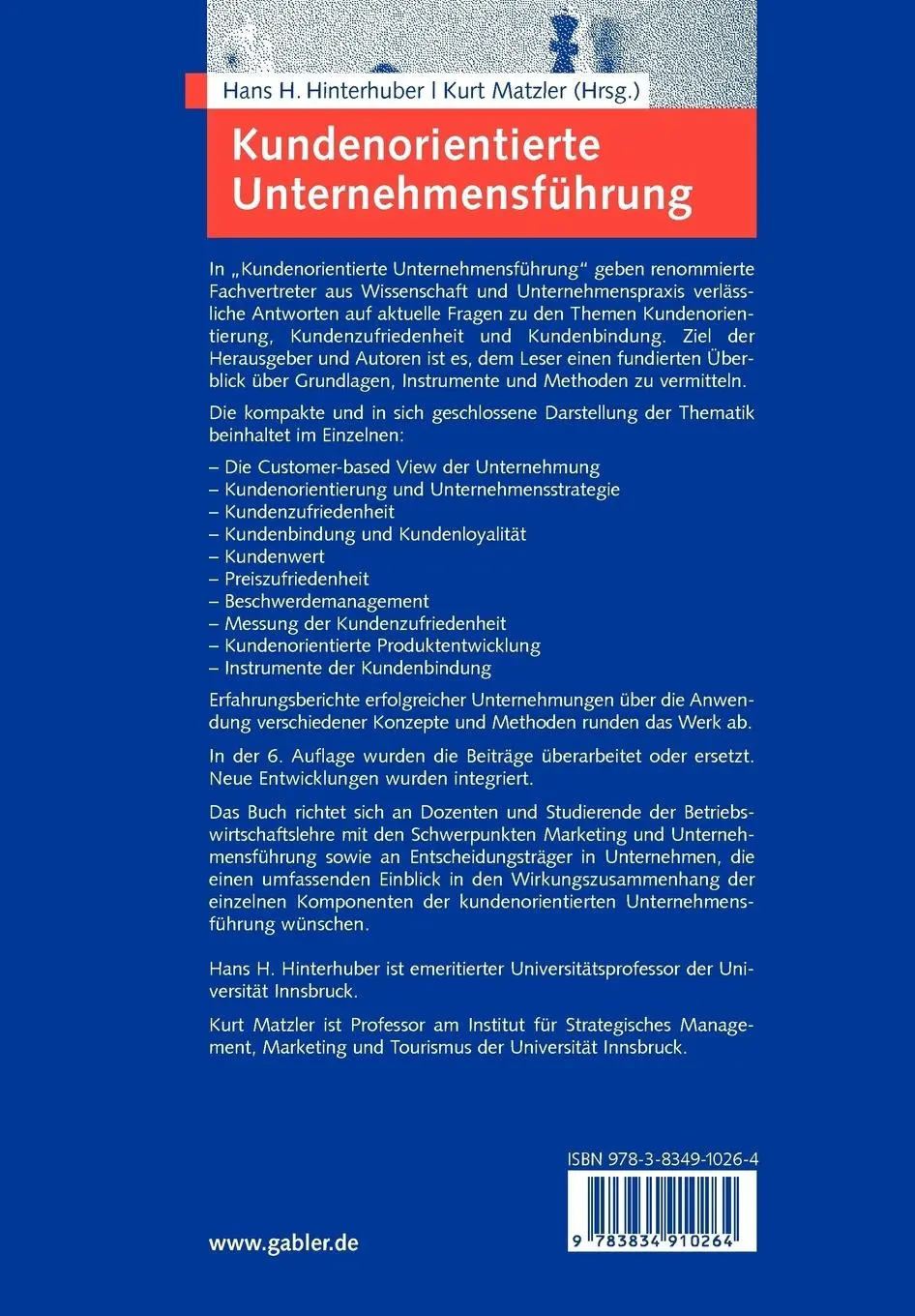 Rückseite: 9783834910264 | Kundenorientierte Unternehmensführung | Kurt Matzler (u. a.) | Buch