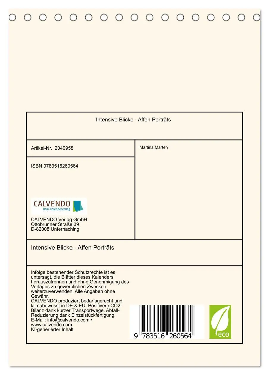 Bild: 9783516260564 | Intensive Blicke - Affen Porträts (Tischkalender 2026 DIN A5 hoch),...