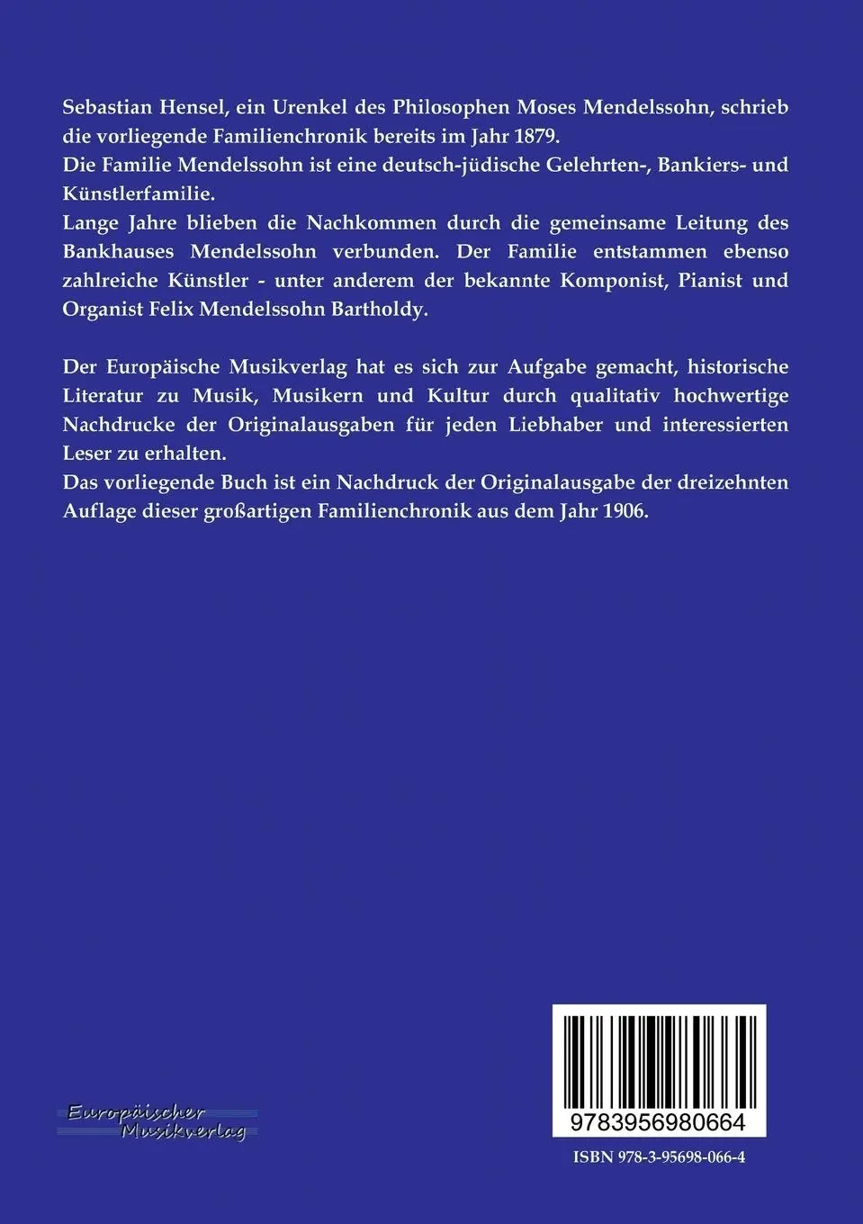 Rückseite: 9783956980664 | Die Familie Mendelssohn 1729 - 1847 | 2. Teil 1835 - 1847 | Hensel