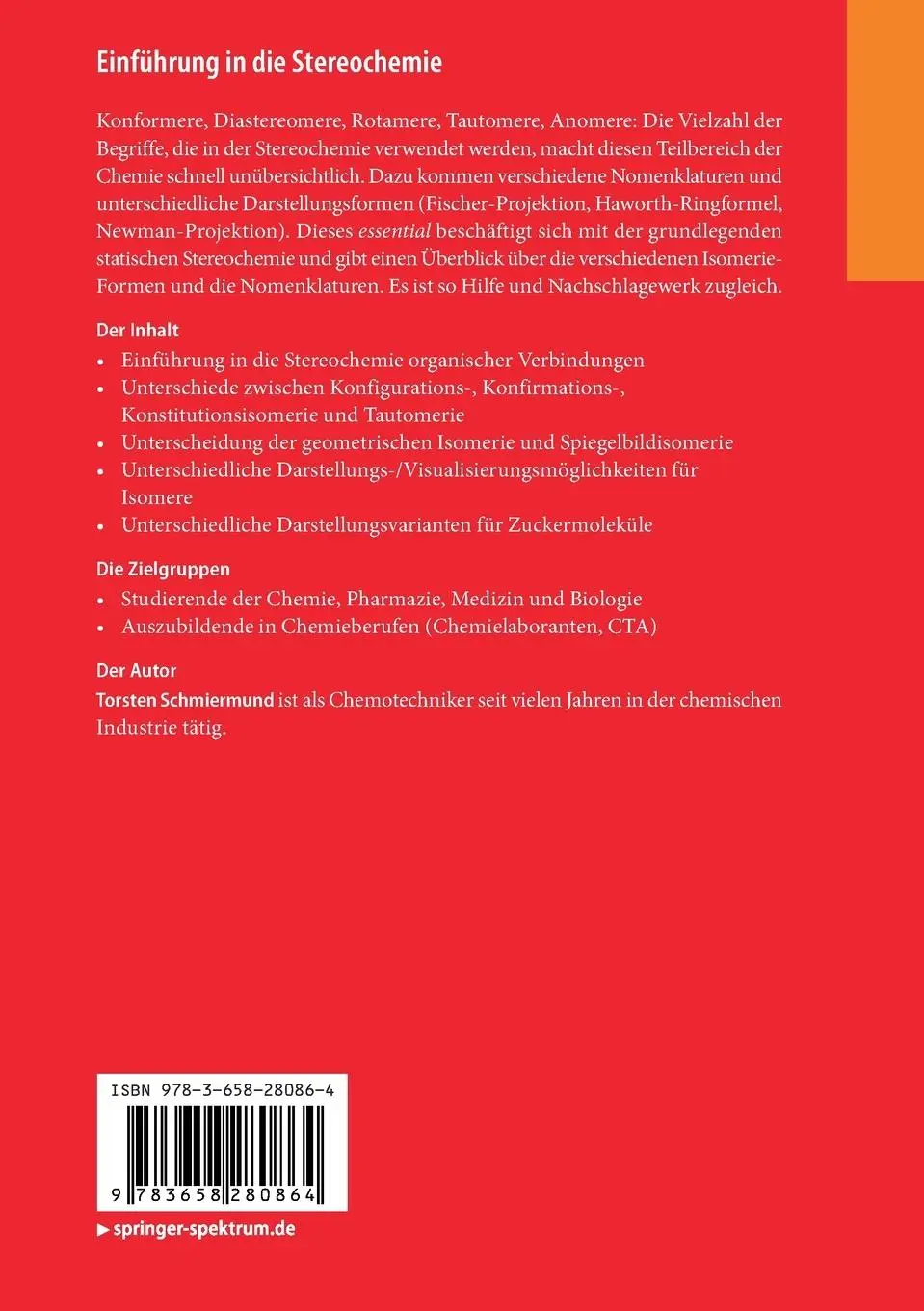 Rückseite: 9783658280864 | Einführung in die Stereochemie | Torsten Schmiermund | Taschenbuch