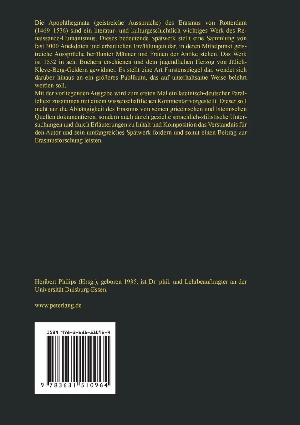 Rückseite: 9783631510964 | Apophthegmata: Geistreiche Aussprüche | Heribert Philips | Taschenbuch