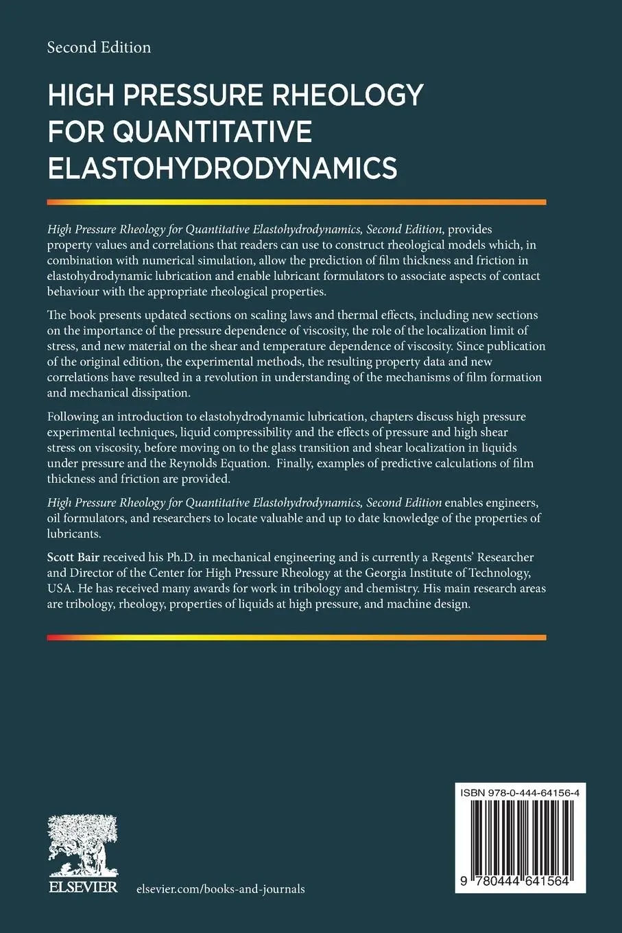 Rückseite: 9780444641564 | High Pressure Rheology for Quantitative Elastohydrodynamics | Bair