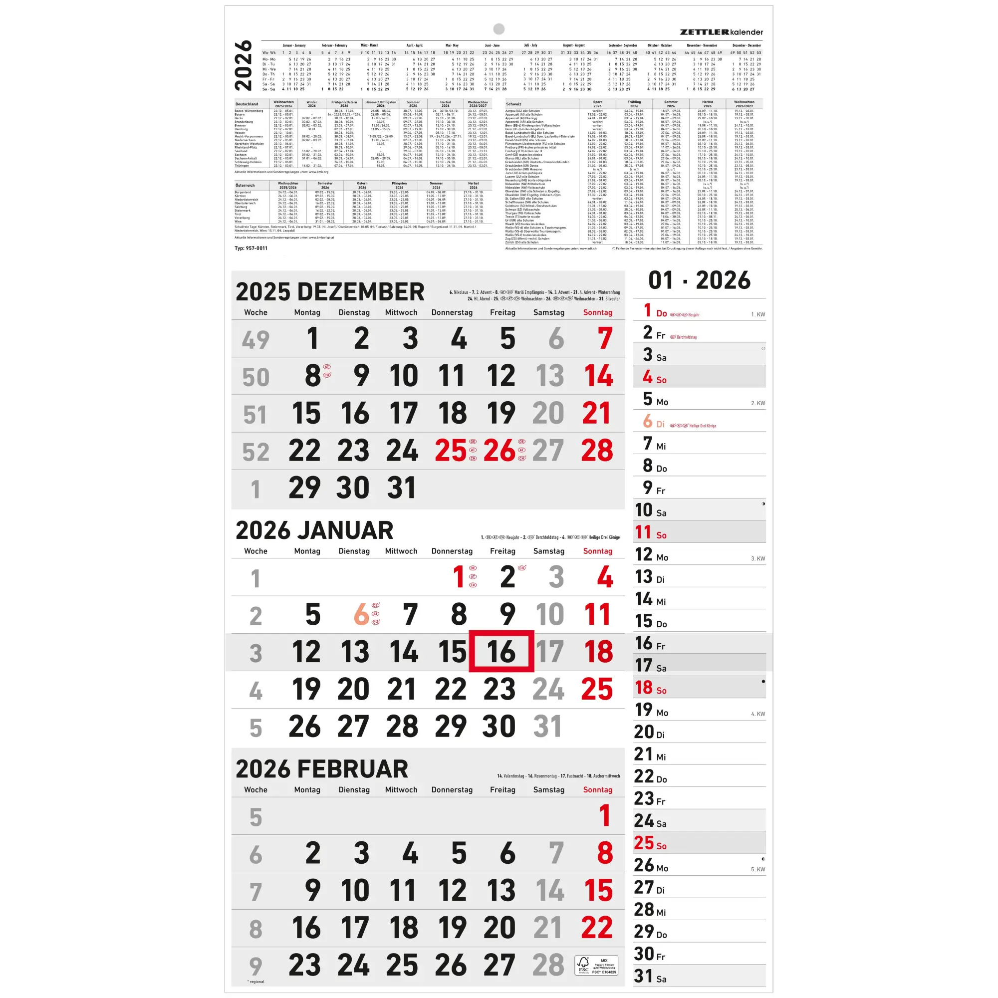 Cover: 4069095001664 | 3-Monatskalender Kombi 2026 - Büro-Kalender 33x45 cm (geöffnet) mit...