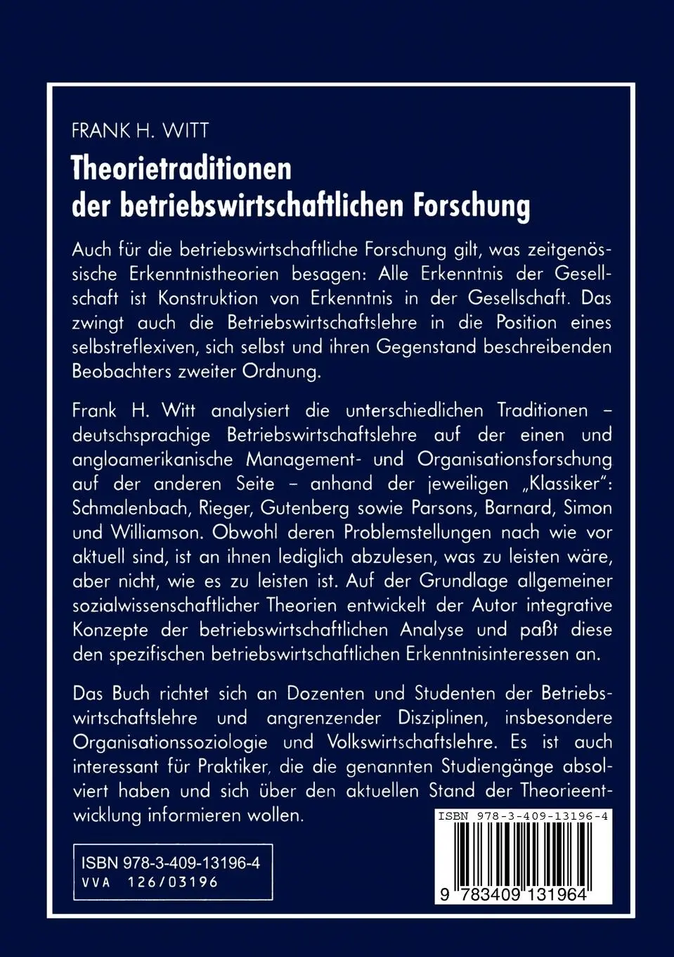 Rückseite: 9783409131964 | Theorietraditionen der betriebswirtschaftlichen Forschung | Witt