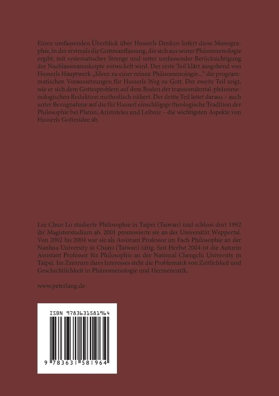 Rückseite: 9783631581964 | Die Gottesauffassung in Husserls Phänomenologie | Lee-Chun Lo | Buch