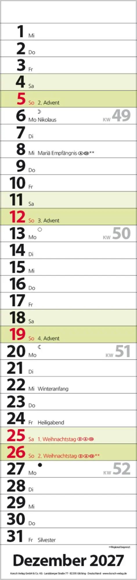 Bild: 9783819301964 | Streifenplaner Compact Grün 2027 | Verlag Korsch | Kalender | 13 S.